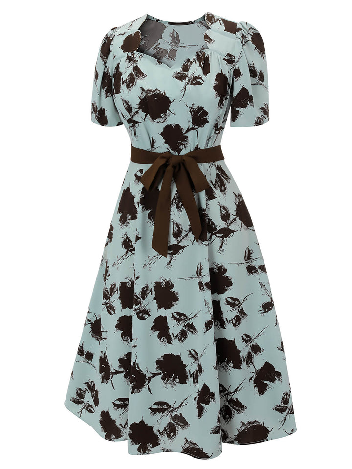 1940s Blue Floral Dress With Bow Belt, vintage dress, retro fashion, floral print - perfect for women who love vintage and retro fashion
