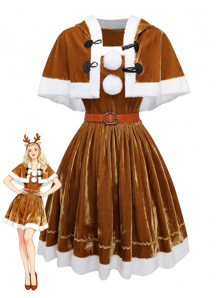 5PCS Brown 1940s Christmas Moose Cape &amp; Velvet Dress - vintage dress, fashion