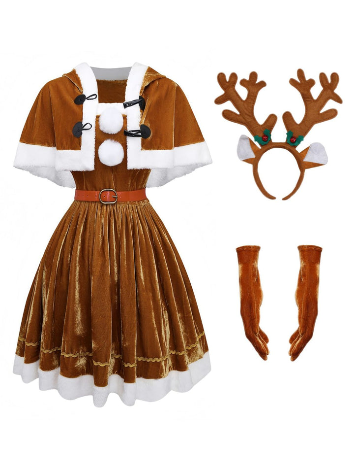 5PCS Brown 1940s Christmas Moose Cape &amp; Velvet Dress - vintage dress, fashion