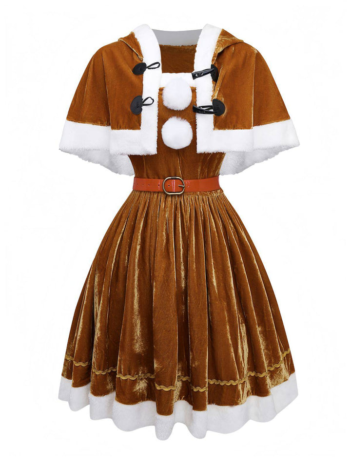 5PCS Brown 1940s Christmas Moose Cape &amp; Velvet Dress - vintage dress, fashion