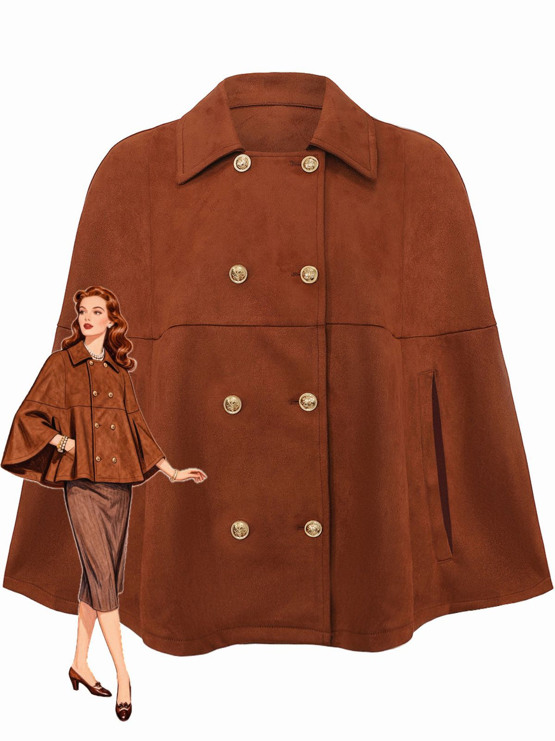 Light Brown 1940s Double-breasted Metal Button Suede Cape - vintage fashion, style