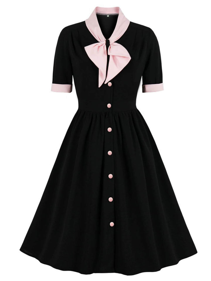 1940s Color Contrast Button Lapel Bow Dress — vintage elegance for the modern woman