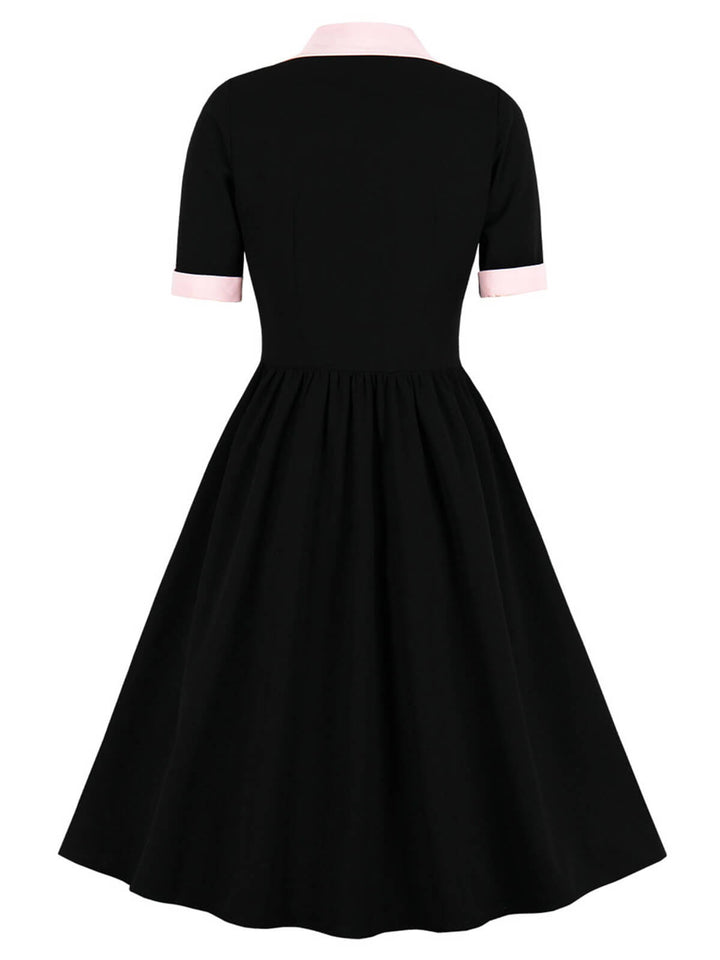 1940s Color Contrast Button Lapel Bow Dress: timeless style reimagined