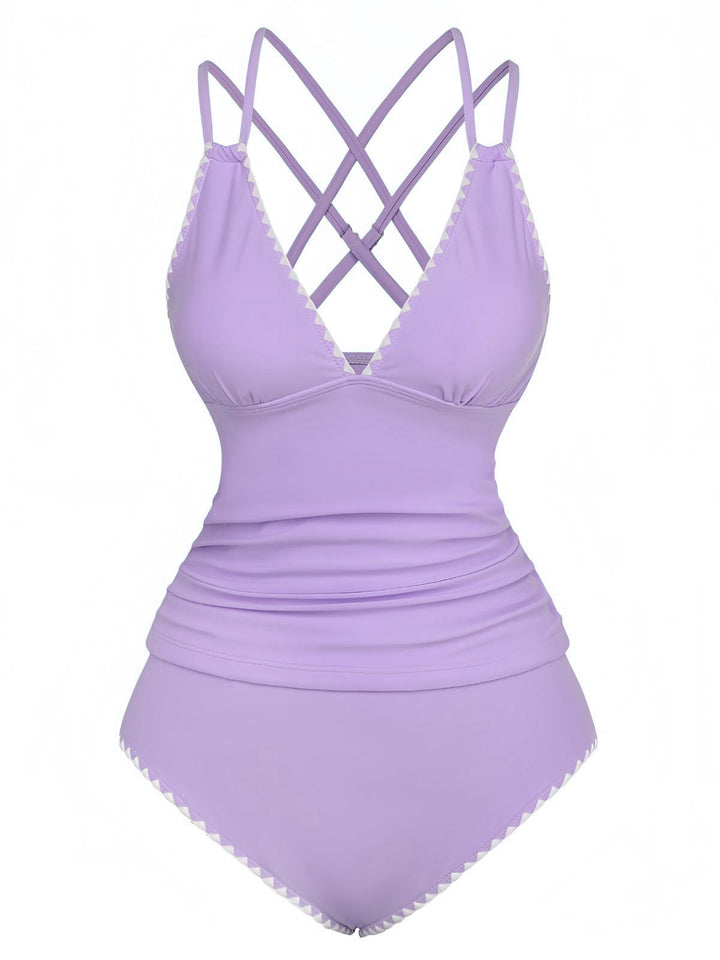 1940s Colorblock Deep V Crisscross Back Tankini Set - vintage fashion, retro style