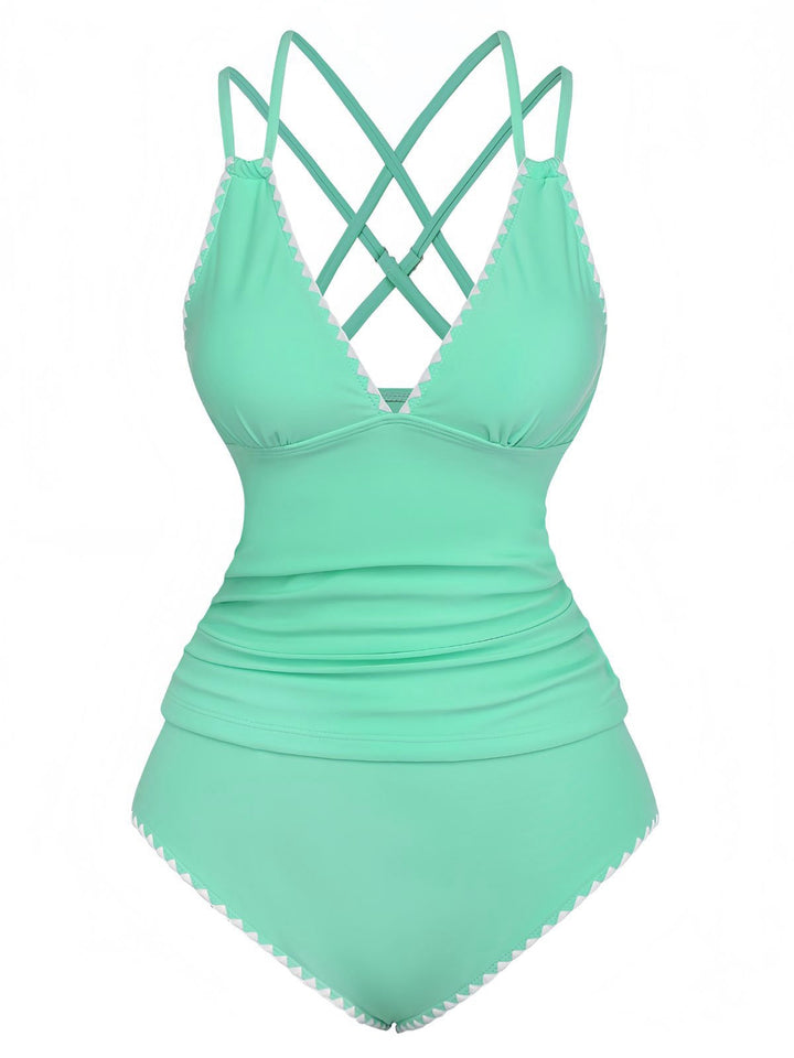 1940s Colorblock Deep V Crisscross Back Tankini Set - vintage fashion, retro style