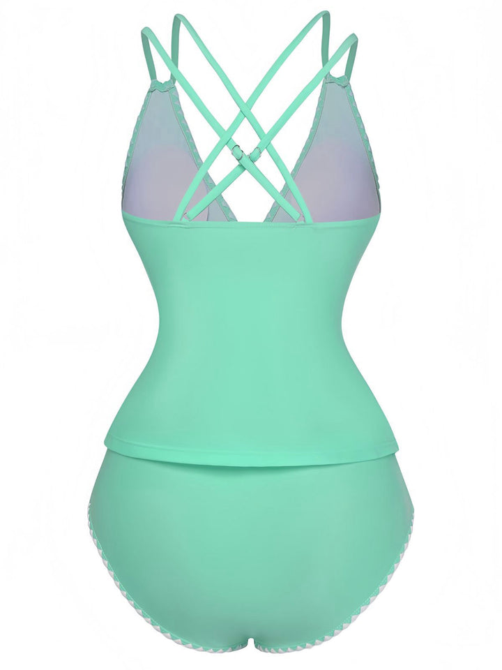 1940s Colorblock Deep V Crisscross Back Tankini Set - vintage fashion, retro style