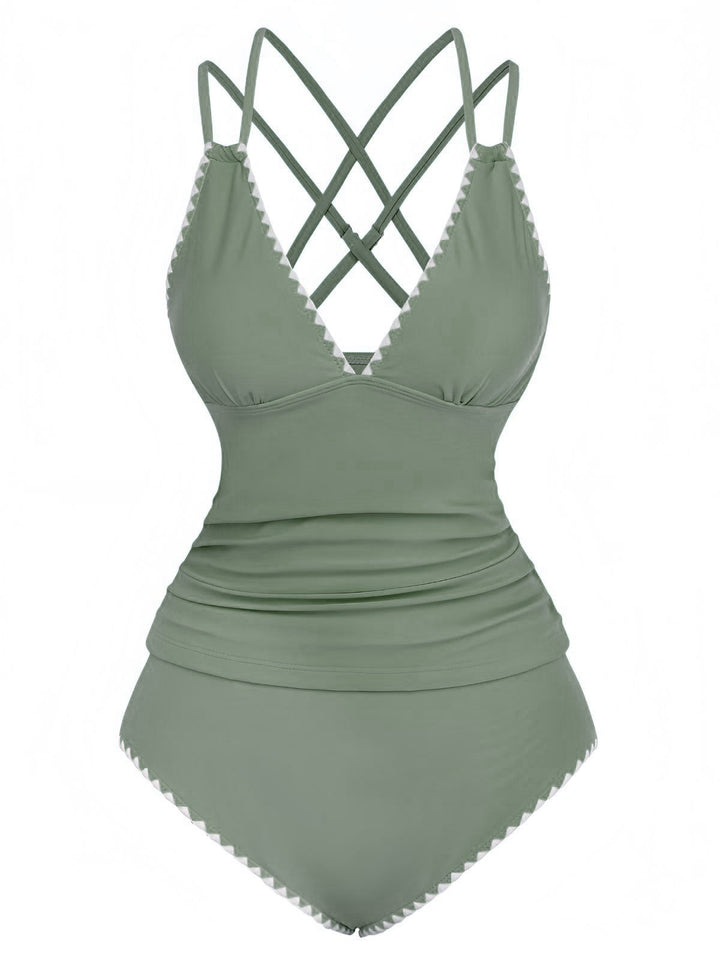 1940s Colorblock Deep V Crisscross Back Tankini Set - vintage fashion, retro style