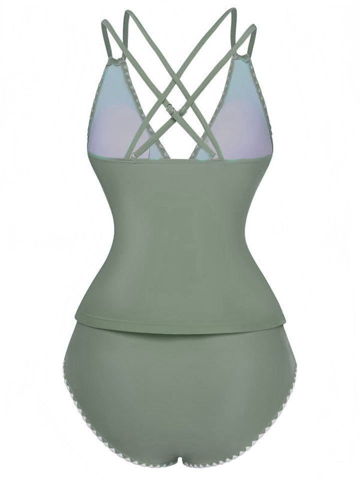 1940s Colorblock Deep V Crisscross Back Tankini Set - vintage fashion, retro style