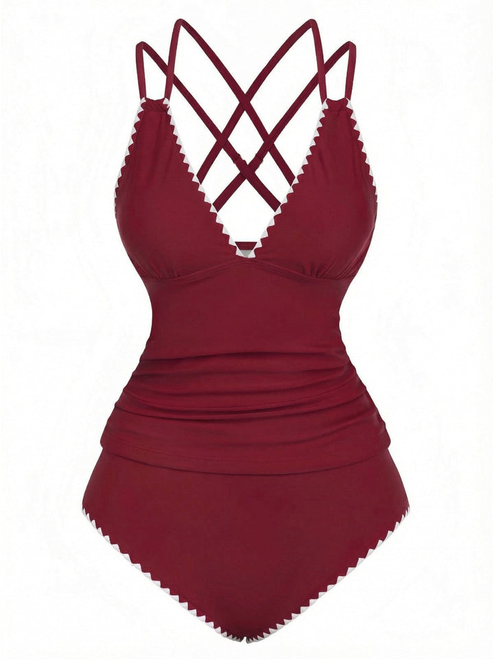 1940s Colorblock Deep V Crisscross Back Tankini Set - vintage fashion, retro style