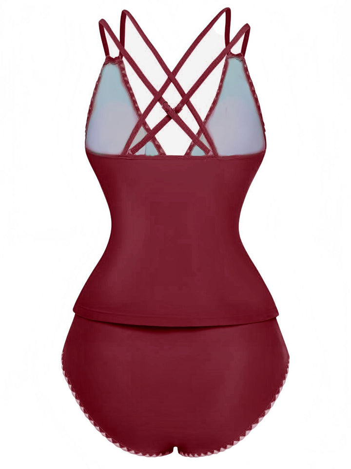 1940s Colorblock Deep V Crisscross Back Tankini Set - vintage fashion, retro style
