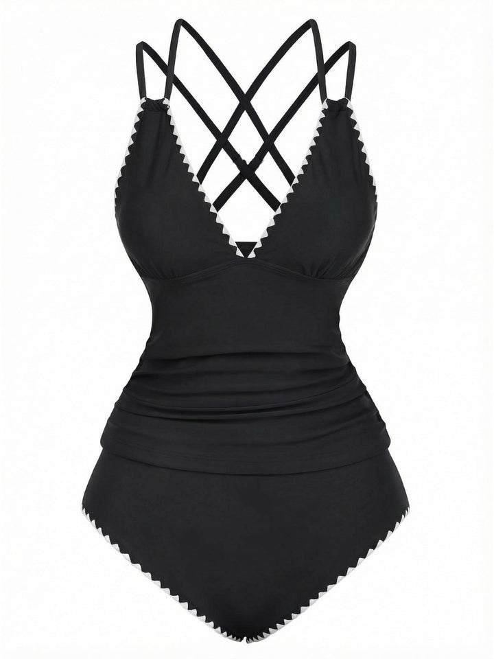 1940s Colorblock Deep V Crisscross Back Tankini Set - vintage fashion, retro style