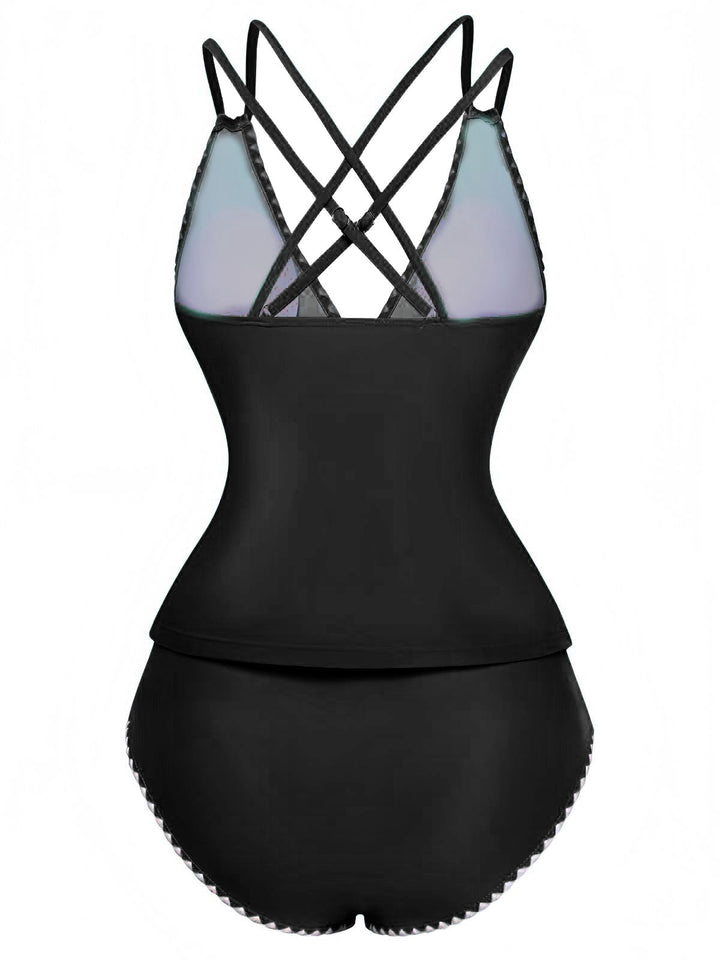 1940s Colorblock Deep V Crisscross Back Tankini Set - vintage fashion, retro style