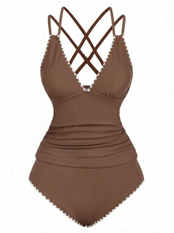 1940s Colorblock Deep V Crisscross Back Tankini Set - vintage fashion, retro style
