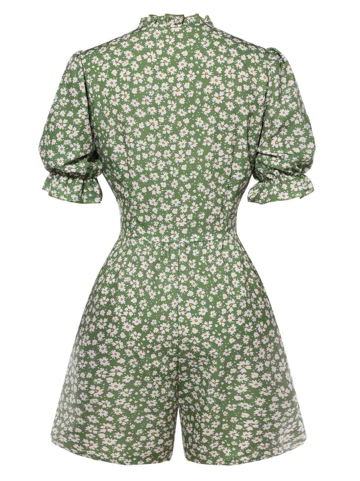 1940s Daisy Pleats Collar Puff Sleeves Romper, vintage romper, retro jumpsuit - perfect for women who love vintage and retro fashion