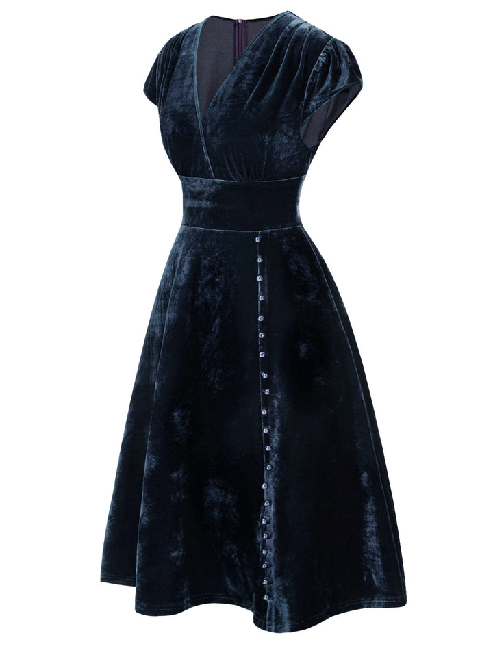 She slips into this 1940s Deep V-Neck Velvet Dress and suddenly it&