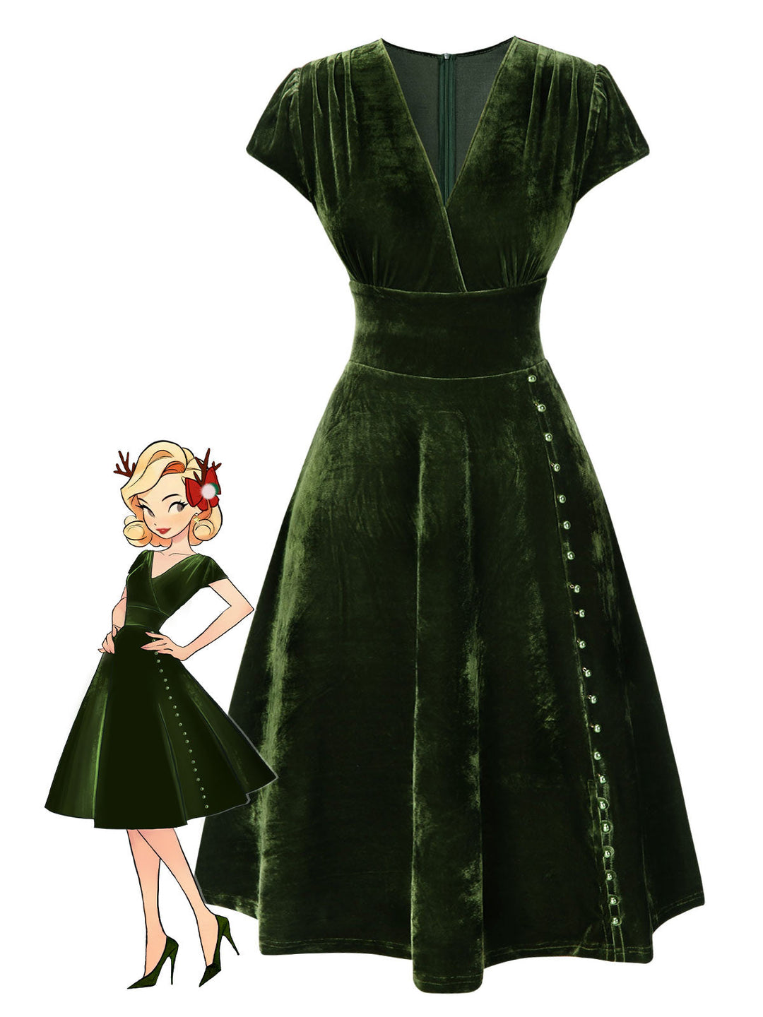 She slips into this 1940s Deep V-Neck Velvet Dress and suddenly it&
