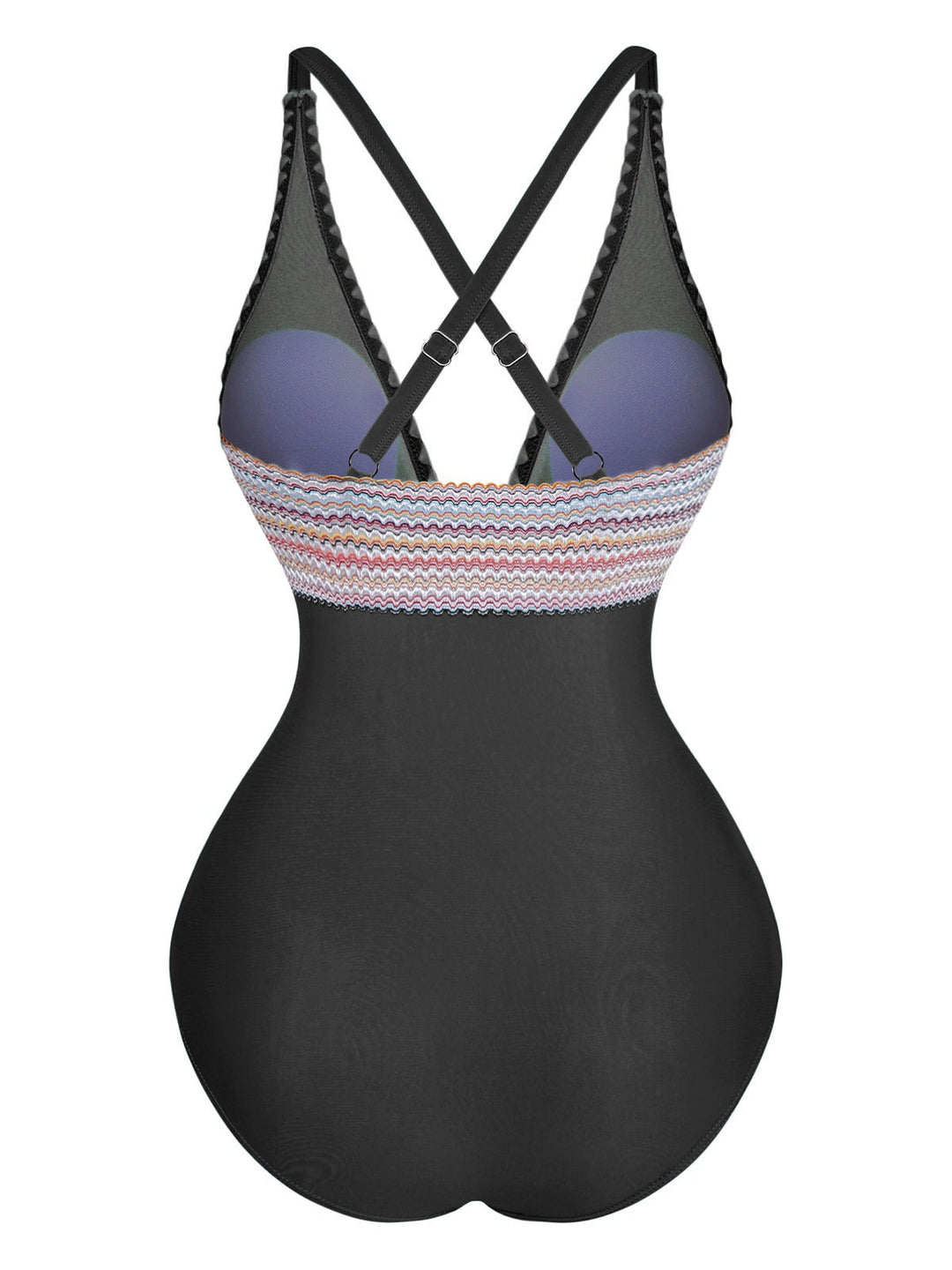 1940s Deep V-Neck Wavy Patchwork One-Piece Swimsuit - vintage swimsuit, pin-up style