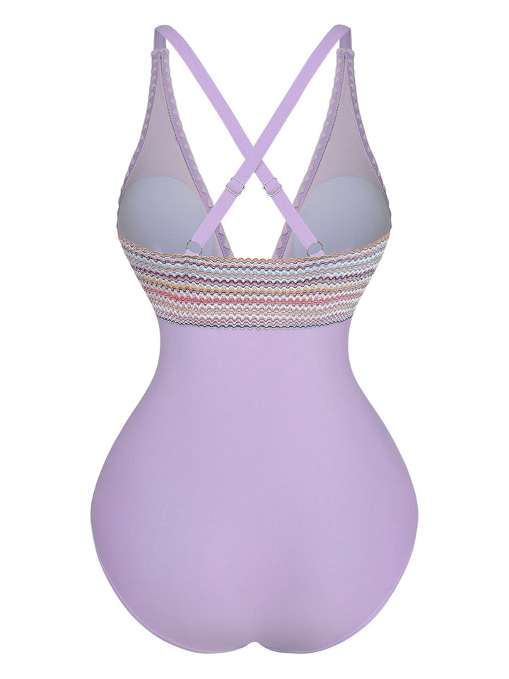 1940s Deep V-Neck Wavy Patchwork One-Piece Swimsuit - vintage swimsuit, pin-up style