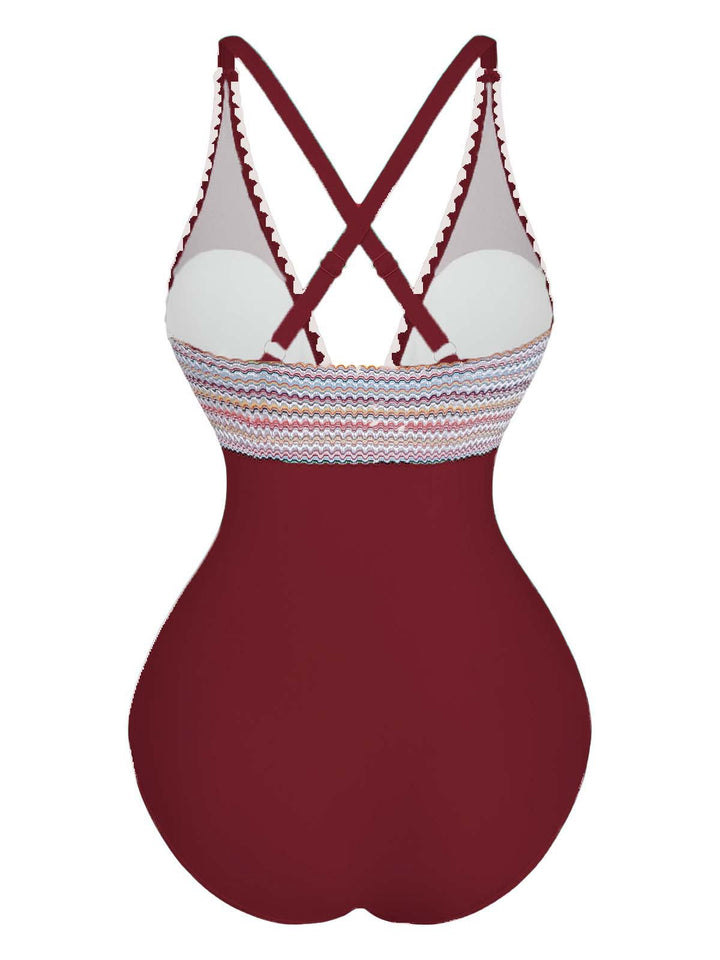 1940s Deep V-Neck Wavy Patchwork One-Piece Swimsuit - vintage swimsuit, pin-up style