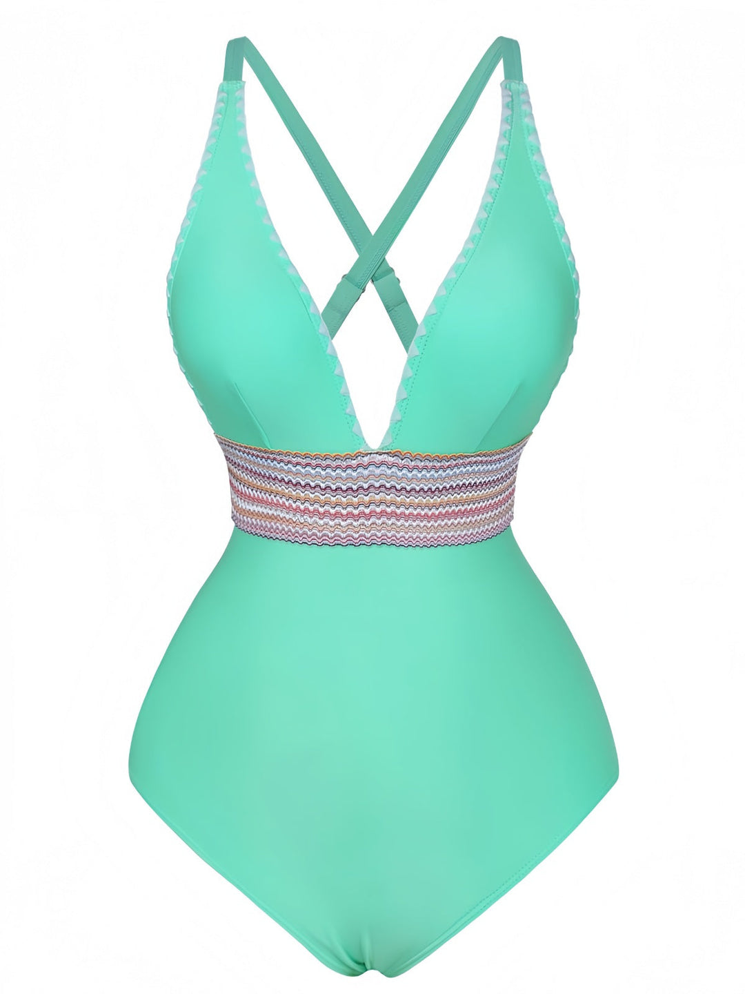 1940s Deep V-Neck Wavy Patchwork One-Piece Swimsuit - vintage swimsuit, pin-up style
