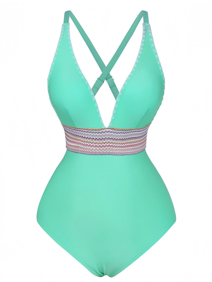 1940s Deep V-Neck Wavy Patchwork One-Piece Swimsuit - vintage swimsuit, pin-up style