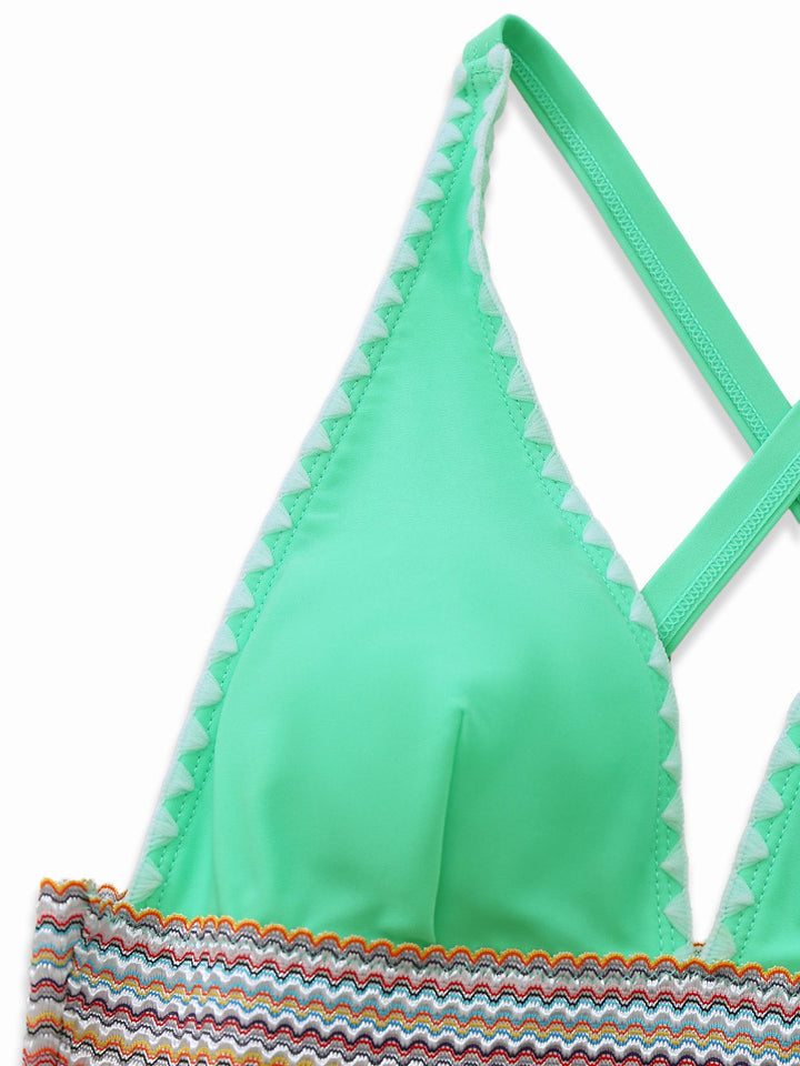 1940s Deep V-Neck Wavy Patchwork One-Piece Swimsuit - vintage swimsuit, pin-up style