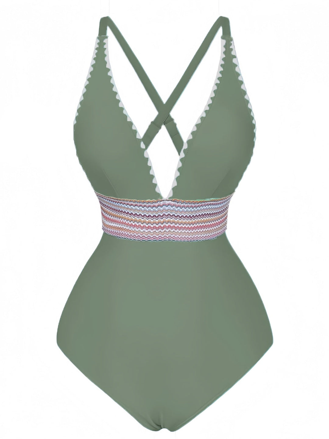 1940s Deep V-Neck Wavy Patchwork One-Piece Swimsuit, vintage swimsuit, pin-up swimwear - perfect for women who love vintage and retro fashion