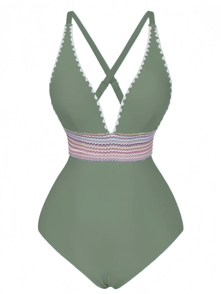 1940s Deep V-Neck Wavy Patchwork One-Piece Swimsuit, vintage swimsuit, pin-up swimwear - perfect for women who love vintage and retro fashion