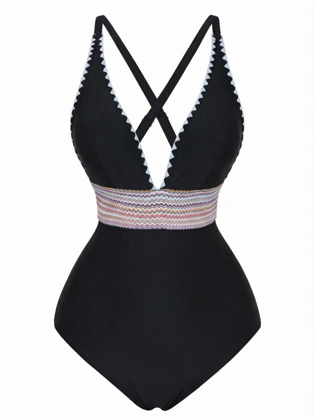 1940s Deep V-Neck Wavy Patchwork One-Piece Swimsuit, vintage swimsuit, pin-up swimwear - perfect for women who love vintage and retro fashion
