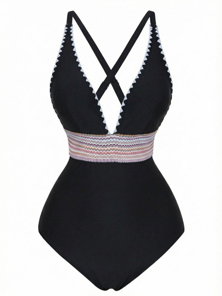 1940s Deep V-Neck Wavy Patchwork One-Piece Swimsuit, vintage swimsuit, pin-up swimwear - perfect for women who love vintage and retro fashion