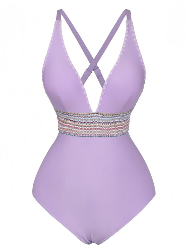 1940s Deep V-Neck Wavy Patchwork One-Piece Swimsuit, vintage swimsuit, pin-up swimwear - perfect for women who love vintage and retro fashion