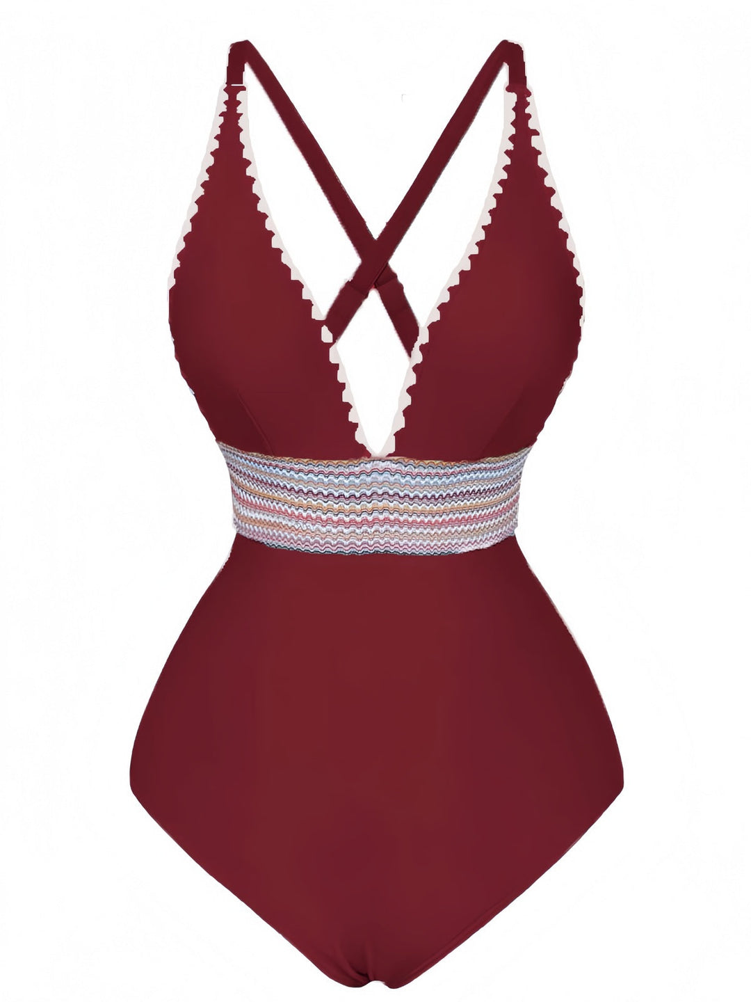 1940s Deep V-Neck Wavy Patchwork One-Piece Swimsuit, vintage swimsuit, pin-up swimwear - perfect for women who love vintage and retro fashion