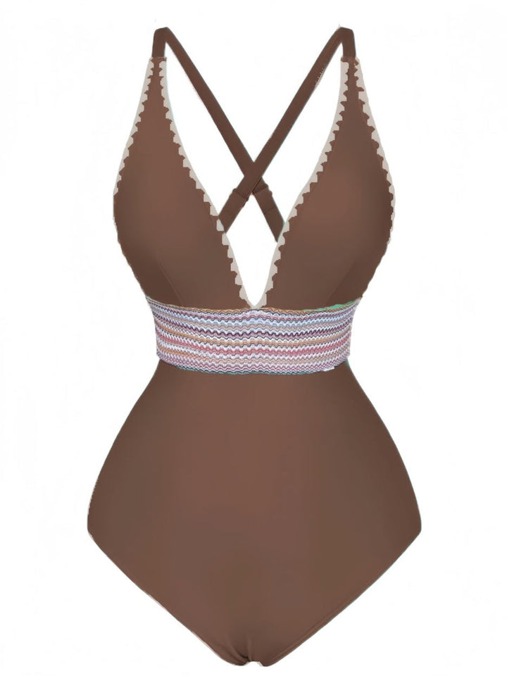 1940s Deep V-Neck Wavy Patchwork One-Piece Swimsuit, vintage swimsuit, pin-up swimwear - perfect for women who love vintage and retro fashion