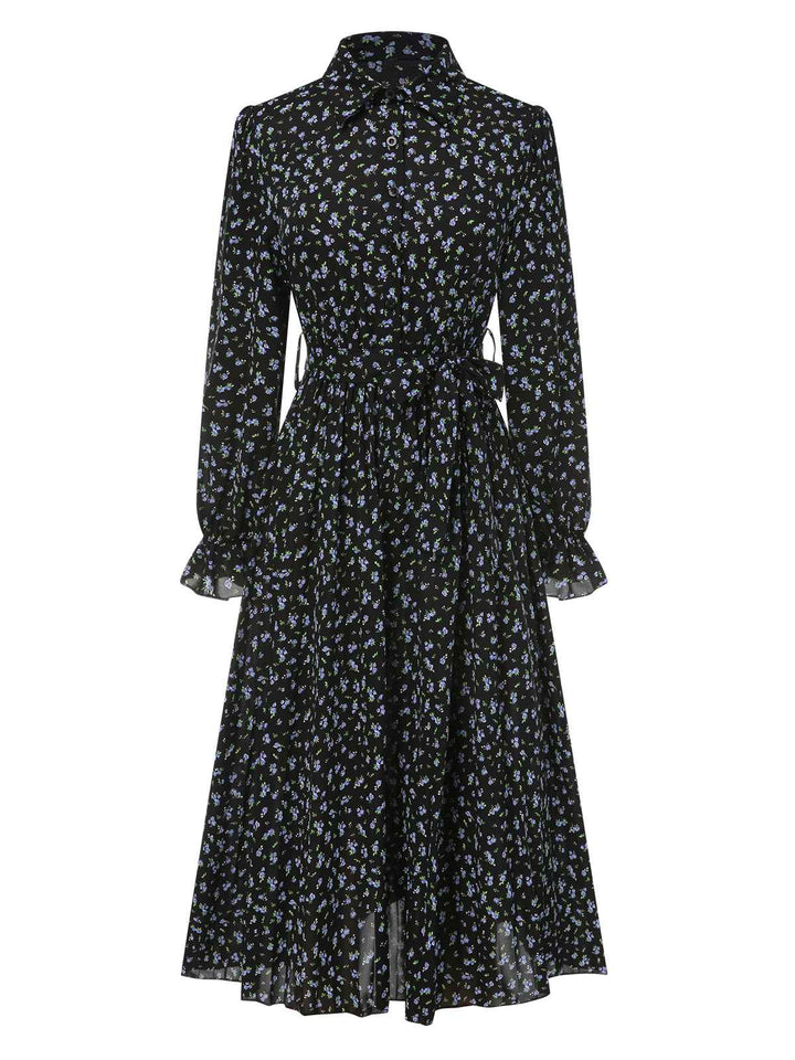 1940s Ditsy Floral Pleated Shirt Belted Dress, vintage dress, retro fashion, floral print - perfect for women who love vintage and retro fashion