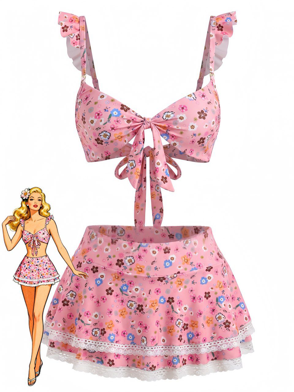 Ditsy Floral Ruffle Strap Lace Trim Bikini Set, vintage swimsuit, swimwear - perfect for women who love vintage and retro fashion