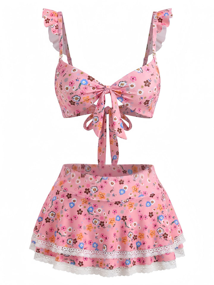 Ditsy Floral Ruffle Strap Lace Trim Bikini Set, vintage swimsuit, swimwear - perfect for women who love vintage and retro fashion