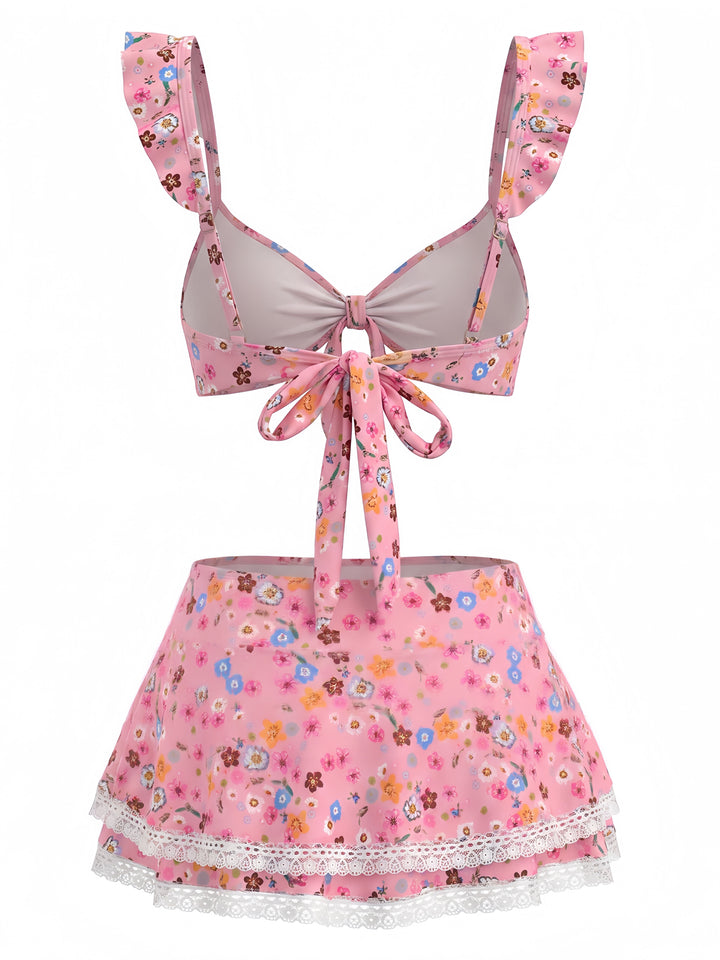 Ditsy Floral Ruffle Strap Lace Trim Bikini Set, vintage swimsuit, swimwear - perfect for women who love vintage and retro fashion