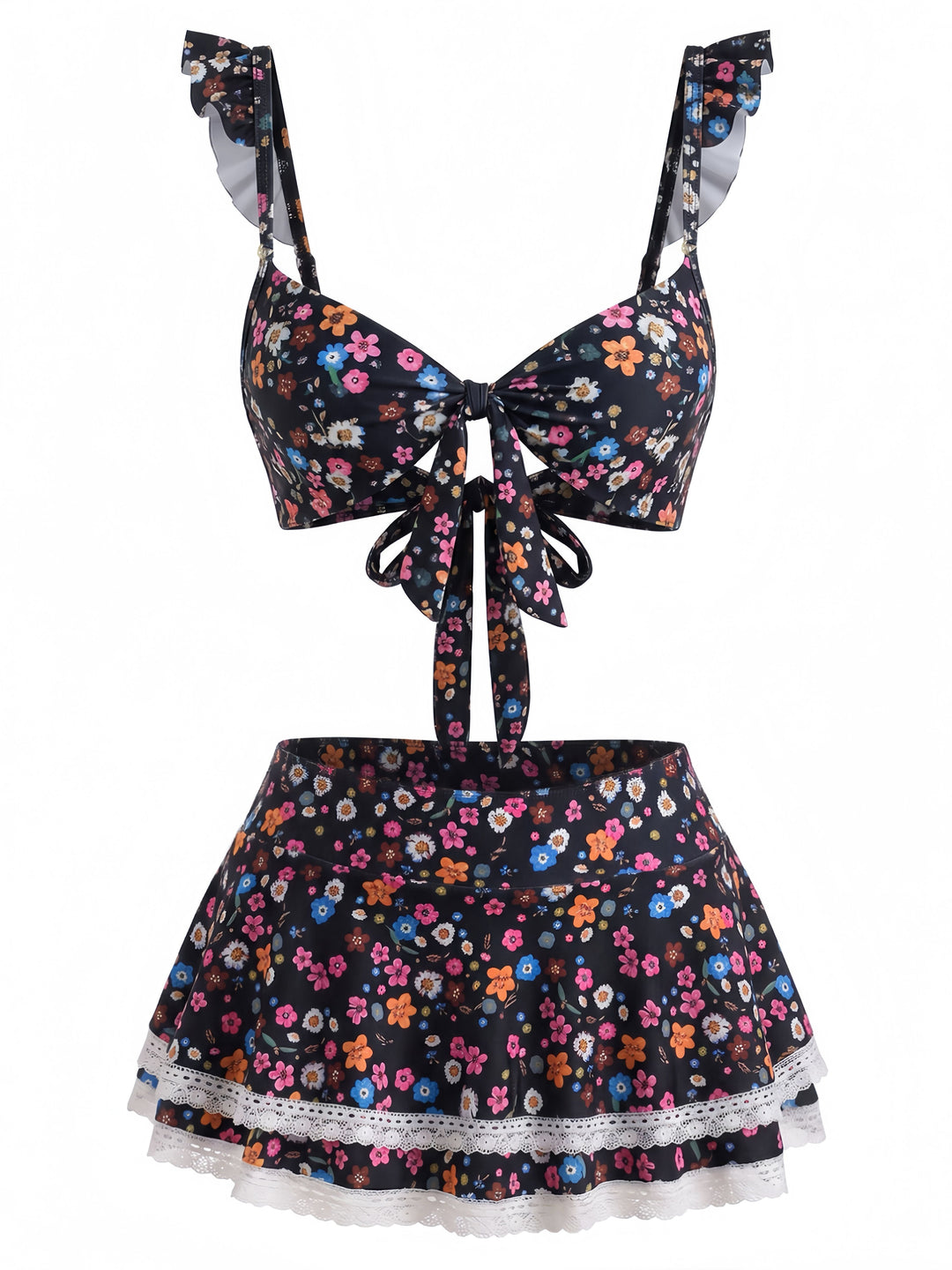 Ditsy Floral Ruffle Strap Lace Trim Bikini Set, vintage swimsuit, swimwear - perfect for women who love vintage and retro fashion