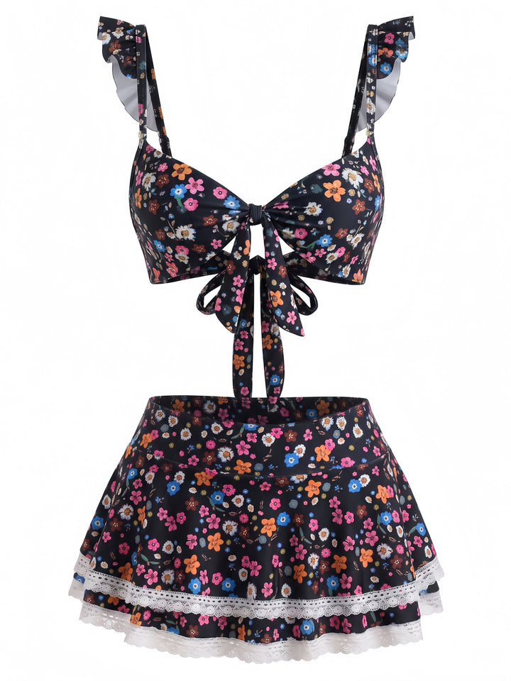 Ditsy Floral Ruffle Strap Lace Trim Bikini Set, vintage swimsuit, swimwear - perfect for women who love vintage and retro fashion