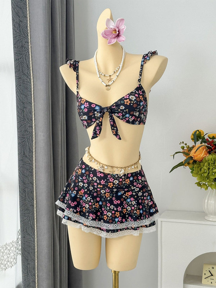 Ditsy Floral Ruffle Strap Lace Trim Bikini Set, vintage swimsuit, swimwear - perfect for women who love vintage and retro fashion
