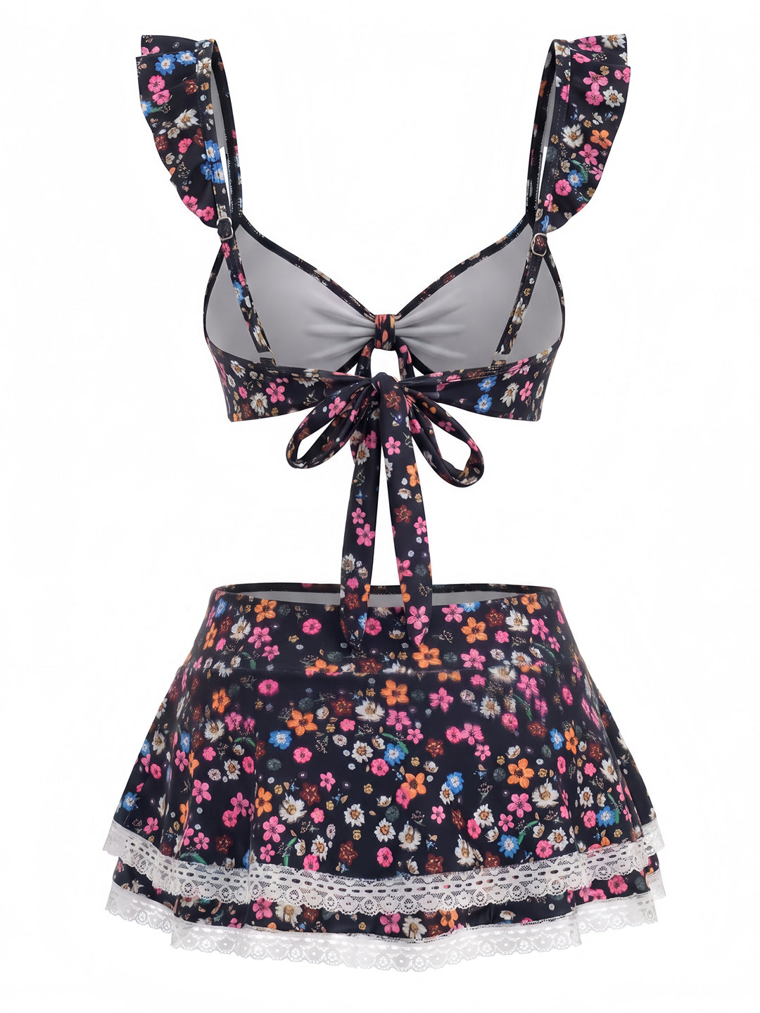 Ditsy Floral Ruffle Strap Lace Trim Bikini Set, vintage swimsuit, swimwear - perfect for women who love vintage and retro fashion