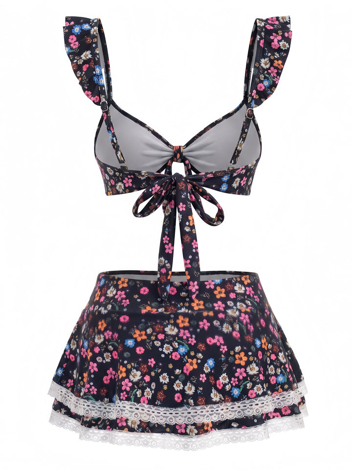 Ditsy Floral Ruffle Strap Lace Trim Bikini Set, vintage swimsuit, swimwear - perfect for women who love vintage and retro fashion