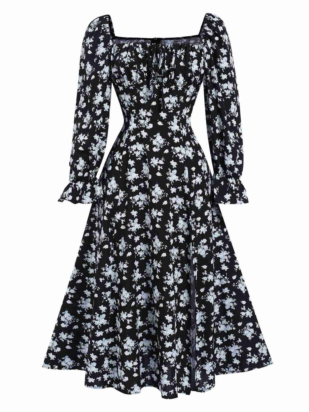 She slips into this 1940s Drawstring Slit Square Neck Floral Dress and suddenly it&