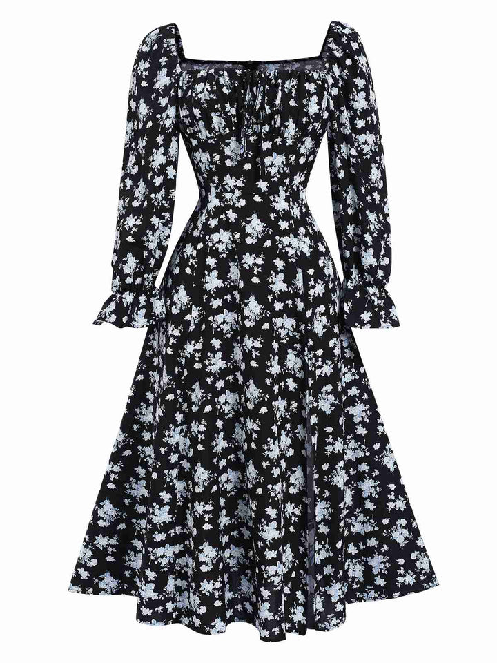 She slips into this 1940s Drawstring Slit Square Neck Floral Dress and suddenly it&
