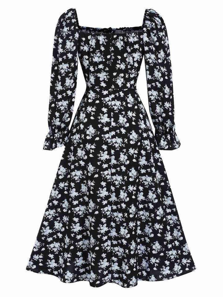 1940s Drawstring Slit Square Neck Floral Dress, vintage dress, retro fashion, floral print - perfect for women who love vintage and retro fashion