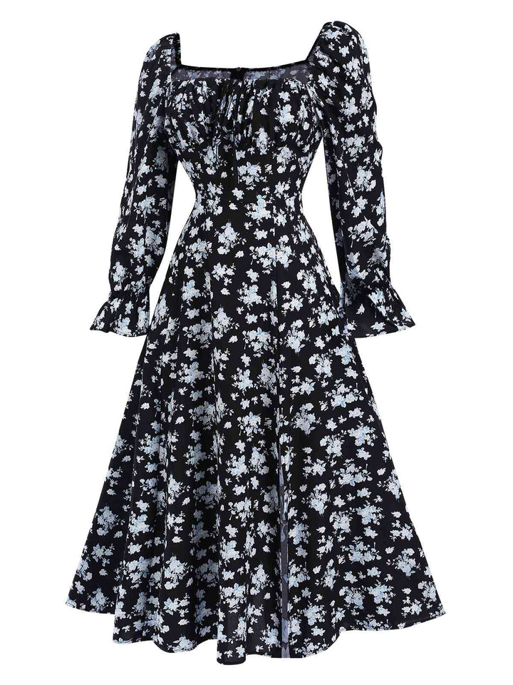 1940s Drawstring Slit Square Neck Floral Dress, vintage dress, retro fashion, floral print - perfect for women who love vintage and retro fashion
