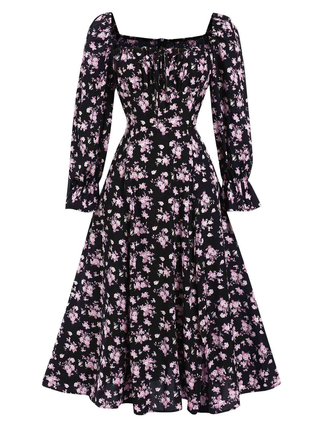 1940s Drawstring Slit Square Neck Floral Dress — a 1940s silhouette that turns sidewalks into runways