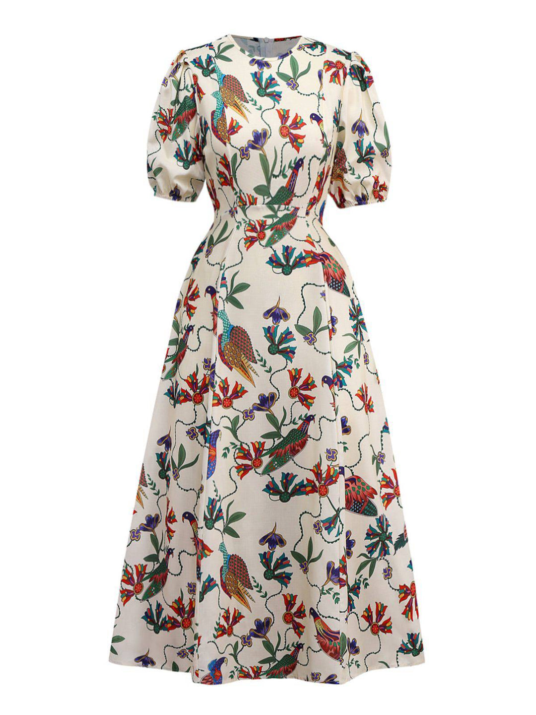 Beige 1940s Flowers &amp; Birds Print Puff Sleeves Dress - vintage dress, retro fashion