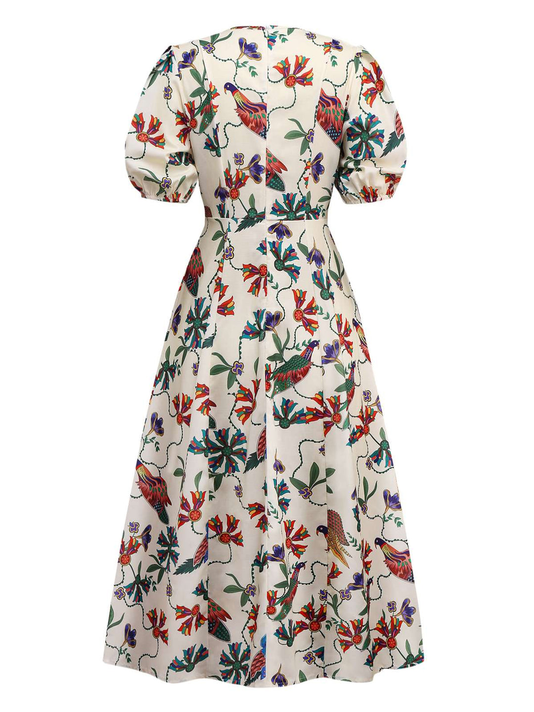 Beige 1940s Flowers &amp; Birds Print Puff Sleeves Dress - vintage dress, retro fashion