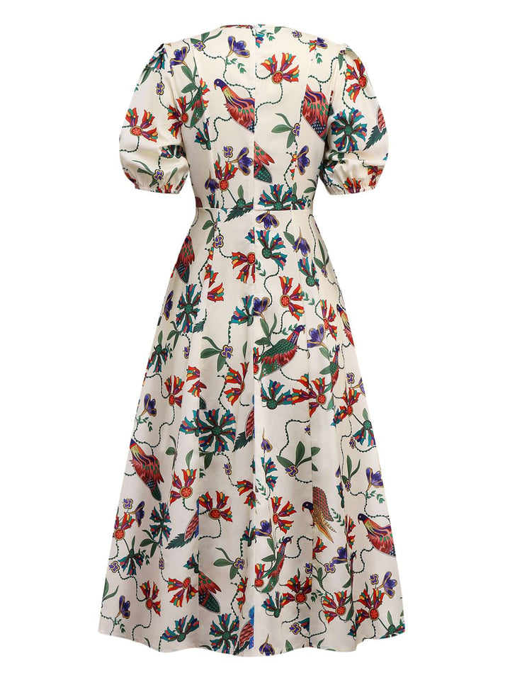 Beige 1940s Flowers &amp; Birds Print Puff Sleeves Dress - vintage dress, retro fashion